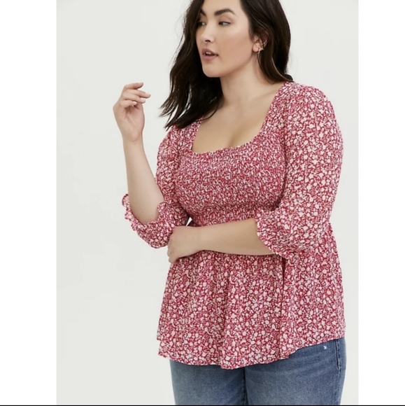 Torrid Top 1 Dark Pink White Floral Print Smocked - Picture 4 of 14